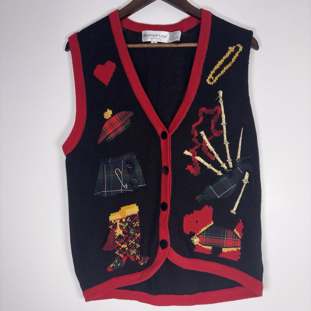 Vintage The Eagle's Eye Medium Sweater Vest Red Irish Scotland Bagpipes Dog Kilt